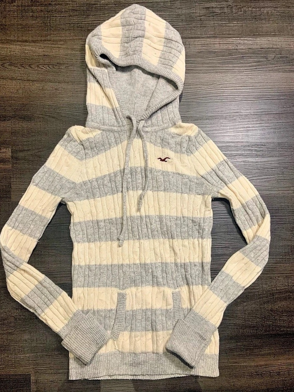 Hollister Cable Knit Rabbit Hair Hoodie Striped Gray & Cream Size Medium